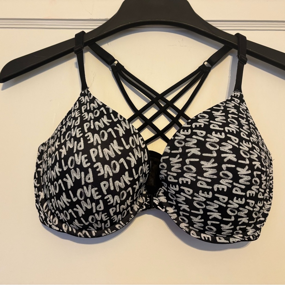 PINK Victoria's Secret Pink and Black Bra with Criss-Cross Design